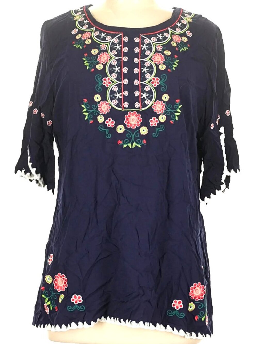 New Beautiful navy cotton embroidered boho top shirt cotton Large boho peasant